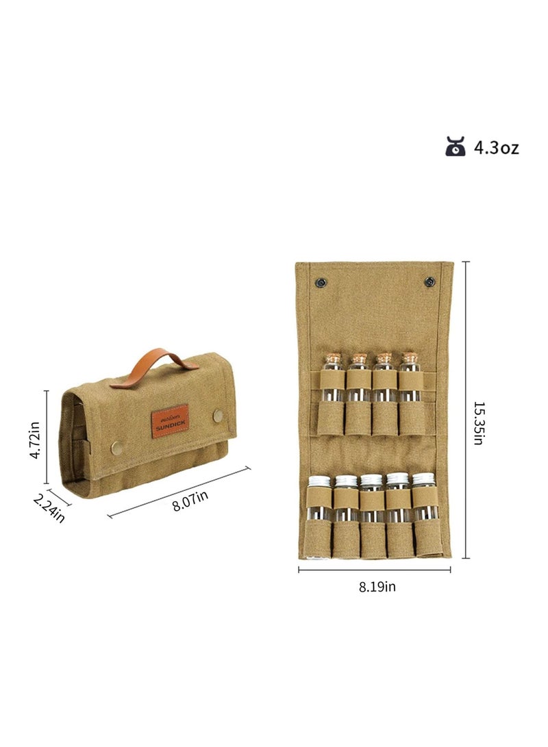 Portable Travel Spice Kit for Camping Salt and Pepper Shakers, Multi Spice Container for Camping, Outdoor Camping Seasoning Bottle Storage Bag - 9 Spice Jars Included - Khaki