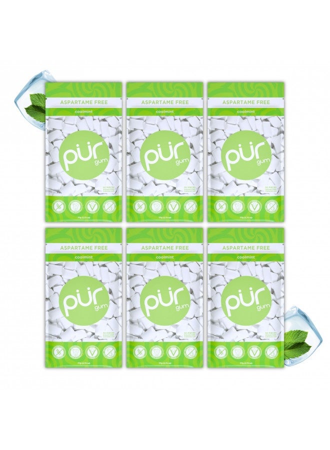 Pur Gum | Aspartame Free Chewing Gum | 100% Xylitol | Sugar Free, Vegan, Gluten Free And Keto Friendly | Natural Coolmint Flavored Gum, 55 Pieces (Pack Of 6)