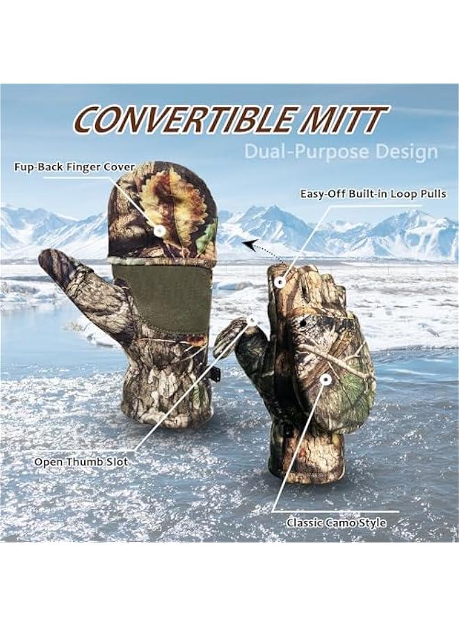 Camouflage Hunting Gloves Convertible Fingerless Mittens Pro Anti-Slip Windproof Camo Glove Archery Accessories for Hunting Camping Hiking Climbing Outdoors Gear