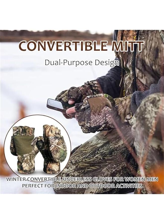 Camouflage Hunting Gloves Convertible Fingerless Mittens Pro Anti-Slip Windproof Camo Glove Archery Accessories for Hunting Camping Hiking Climbing Outdoors Gear