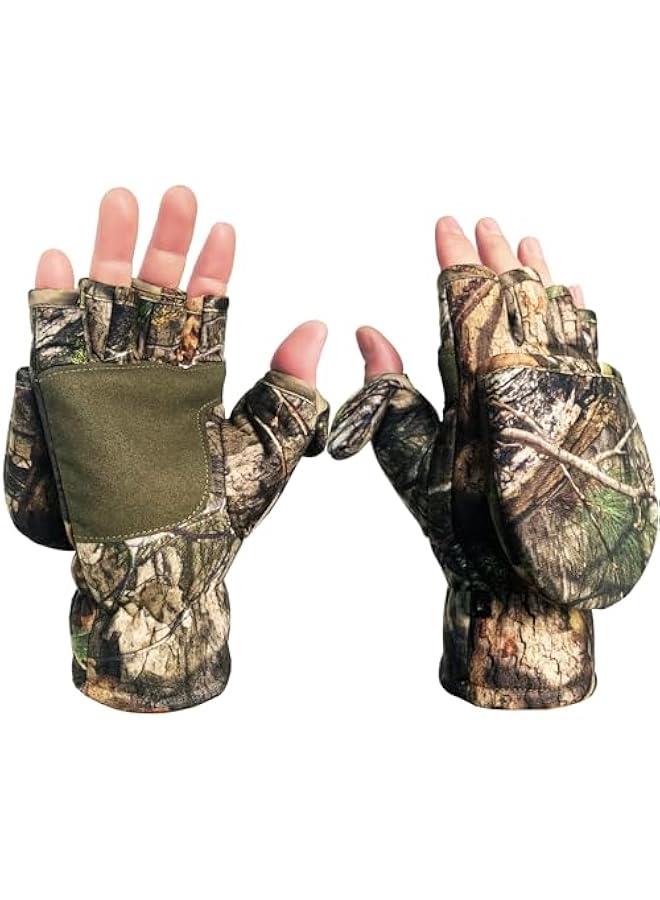 Camouflage Hunting Gloves Convertible Fingerless Mittens Pro Anti-Slip Windproof Camo Glove Archery Accessories for Hunting Camping Hiking Climbing Outdoors Gear