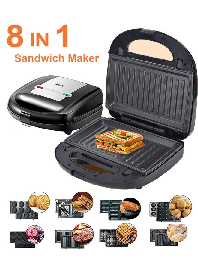 8 in 1 Sanwich Maker,Multi Snacks Maker with Sandwich/Panini-Grill-Waffle-Donut-Nutty-Biscuit-Omelette-Hot Dog,Detachable Plates 750W SK-B140 Black/Silver