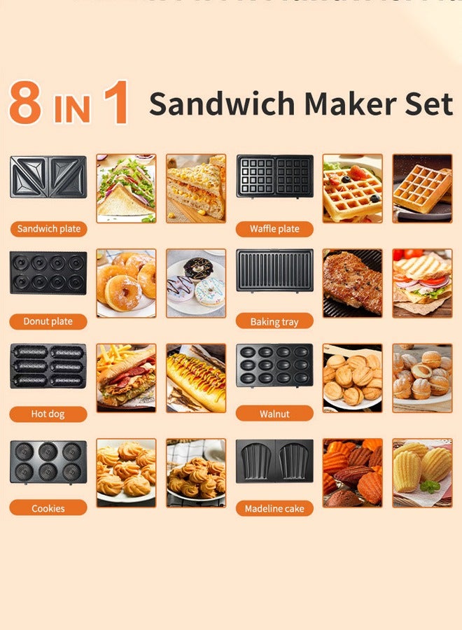 8 in 1 Sanwich Maker,Multi Snacks Maker with Sandwich/Panini-Grill-Waffle-Donut-Nutty-Biscuit-Omelette-Hot Dog,Detachable Plates 750W SK-B140 Black/Silver