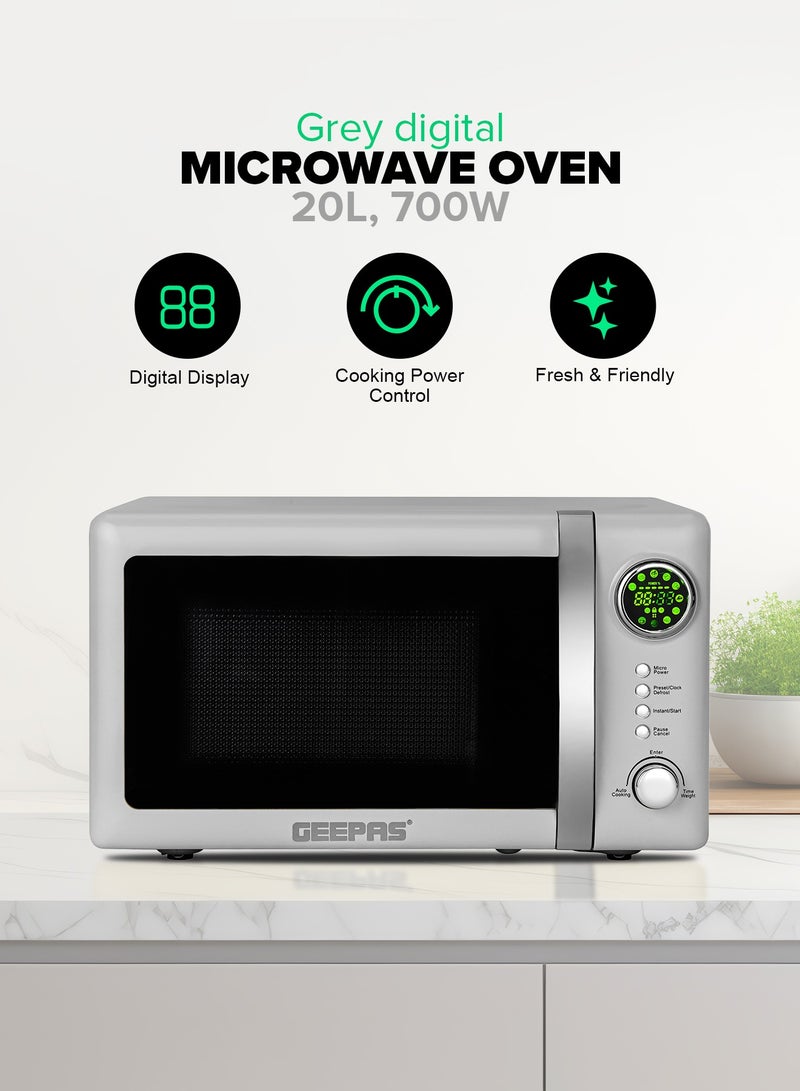 Digital Microwave Oven With 12 Quick Start Presets For a Varity Of Dishes, Defrost Function, Digital Display, Child Lock Function, Precise Cooking Controls, 20 L 700 W GMO2026GW Grey