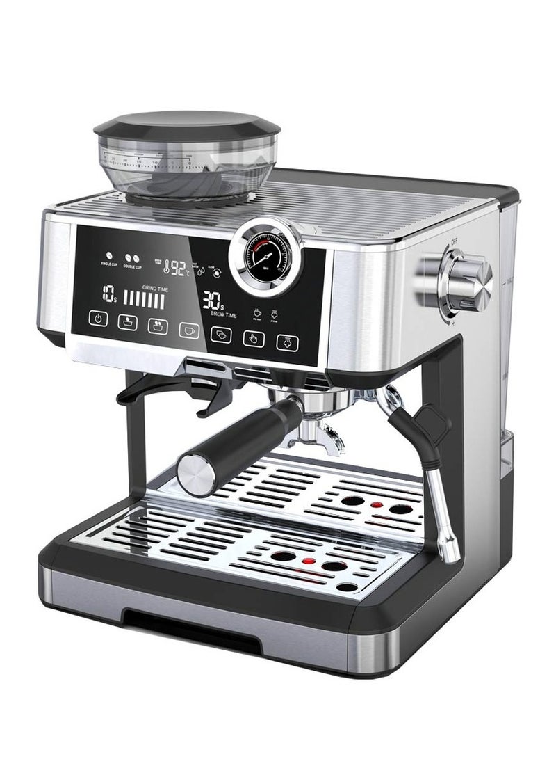 Advanced Espresso Machine with Interactive Touch Display and Conical Burr Grinder / Adjustable Grind Settings / Cup Warmer / Boiler Gauge / Barista-Quality Espresso - Silver