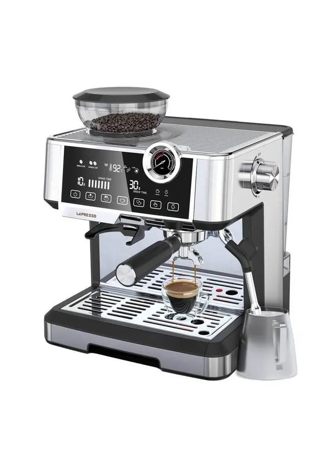 Advanced Espresso Machine with Interactive Touch Display and Conical Burr Grinder / Adjustable Grind Settings / Cup Warmer / Boiler Gauge / Barista-Quality Espresso - Silver