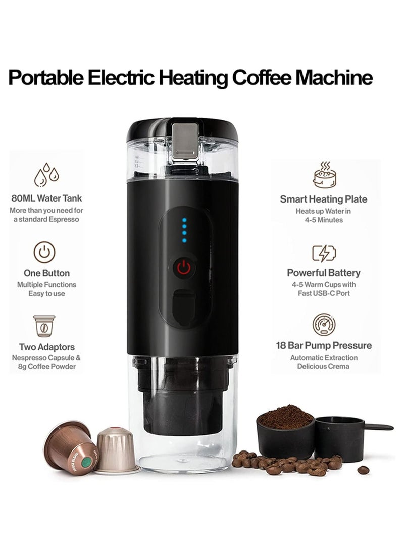 Portable Espresso Machine, 18 Bar 12V Car Electric Coffee Machine, Compatible with Ground and NS Capsules, 3 to 4 Minutes Self-Heating USB Charging, for Office, Travel, Backpacking, Camping