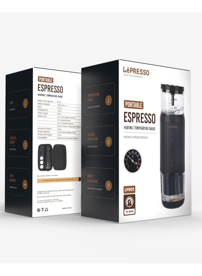 Portable Espresso Machine with 15 Bar Pressure and Temperature Gauge / 80ml Water Tank / Heating Extraction / Capsule & Powder - Black