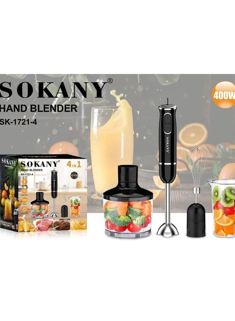 Sokany 2 Speed Hand Immersion 4 In 1 Blender Low- Noise, Beaker Chopper, Whisk Milk Frother, Egg Whisk Attachment - SK- 1721- 4