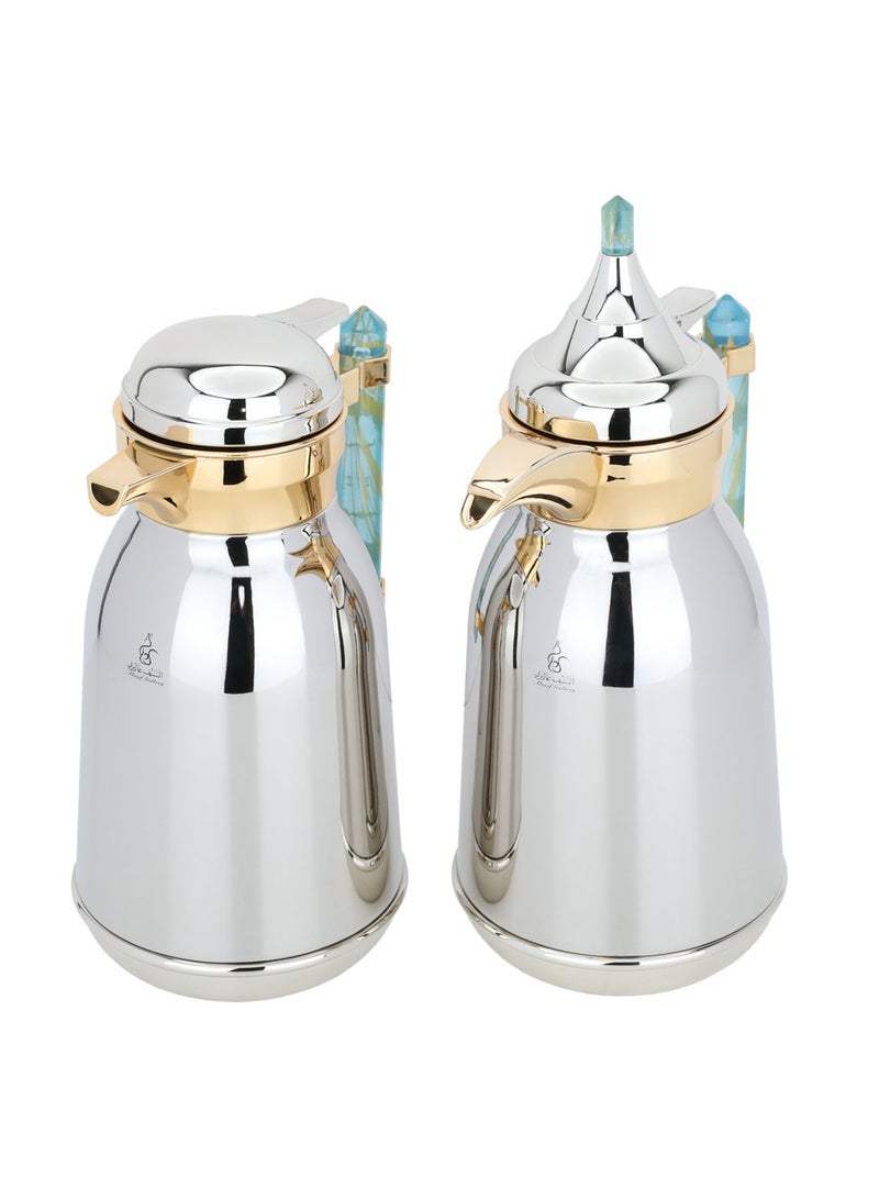 Thermos Set Silver Steel Golden Mouth Cyan Marble Handle 2 H