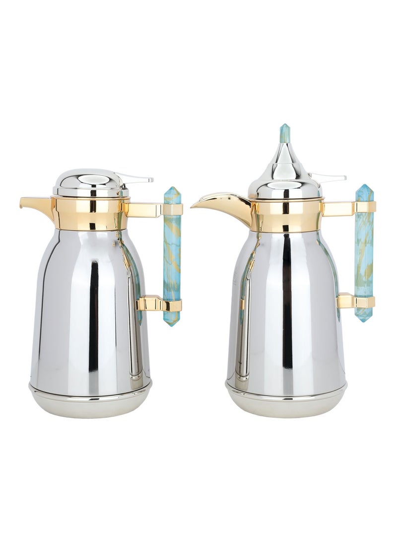 Thermos Set Silver Steel Golden Mouth Cyan Marble Handle 2 H