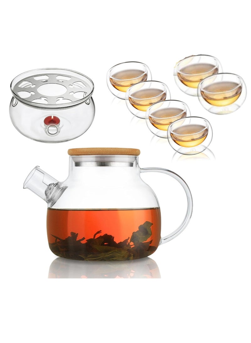 Borosilicate Glass Teapot with Bamboo Lid 1000 ML with Tea Warmer and 80 ml Double Wall Glass 6 Pc Set