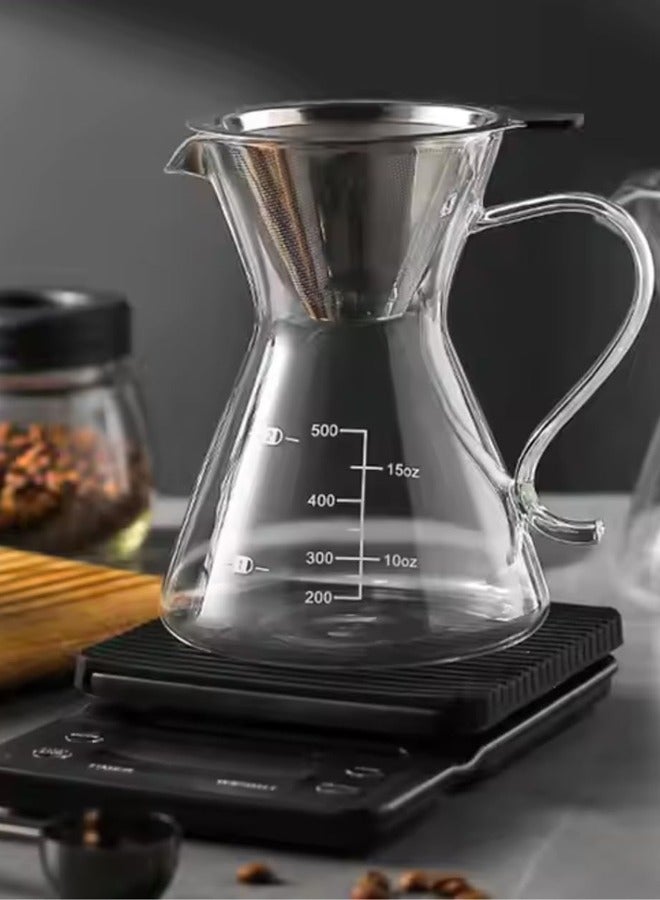 Borosilicate Heat Resistant Glass Coffee Server Pot with Filter For Pour Over Coffee Maker 500 ML