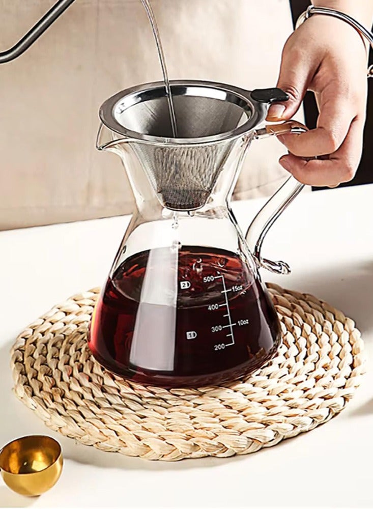 Borosilicate Heat Resistant Glass Coffee Server Pot with Filter For Pour Over Coffee Maker 500 ML