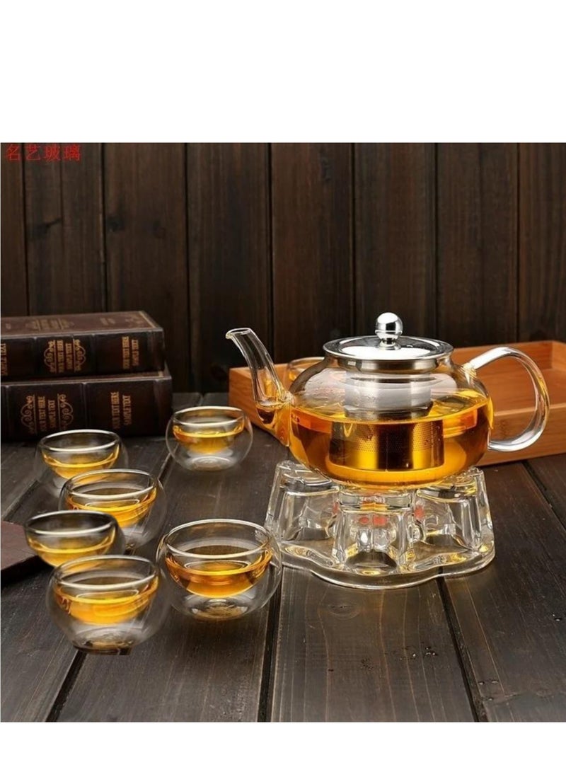 Borosilicate Glass Teapot 1500 ML with Heart Shape Tea Warmer and Double Wall Glass 80 ML (6 Pcs)