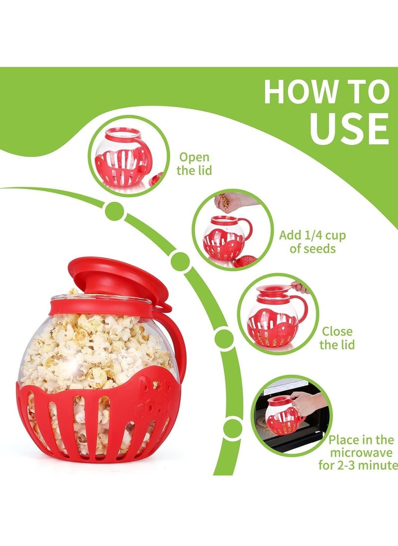 Microwave Popcorn Popper, Glass Original Popcorn Jar 2.25QT with Silicone Lid, BPA Free, Dishwasher Safe Red