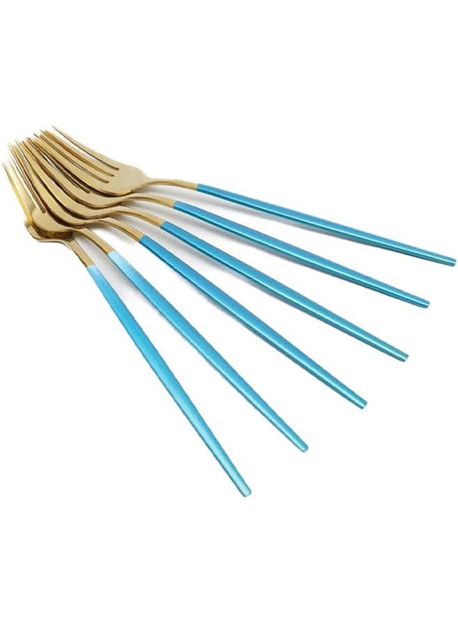 6Pcs Dessert Forks Flatware Blue Gold Cutlery Stainless Steel Tableware Colorful Mirror Kitchen Dinnerware Silverware 18x2x0.3 Cm Golden Blue