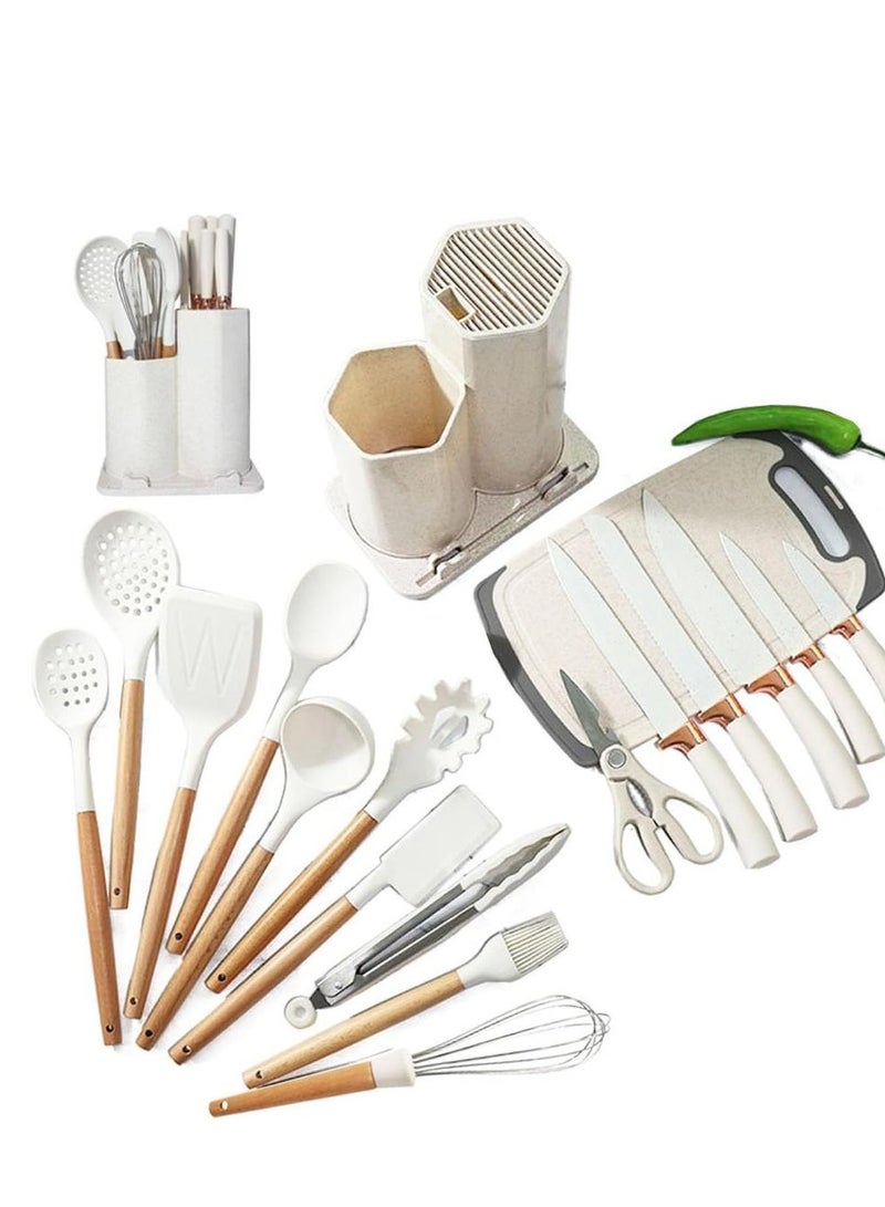 19-in-1 Wooden Handle Silicone Kitchen Utensils Set Knife Set with Block, Cooking Tools Kitchen Gadget Accessories Include Cutting Board Storage Holder - White