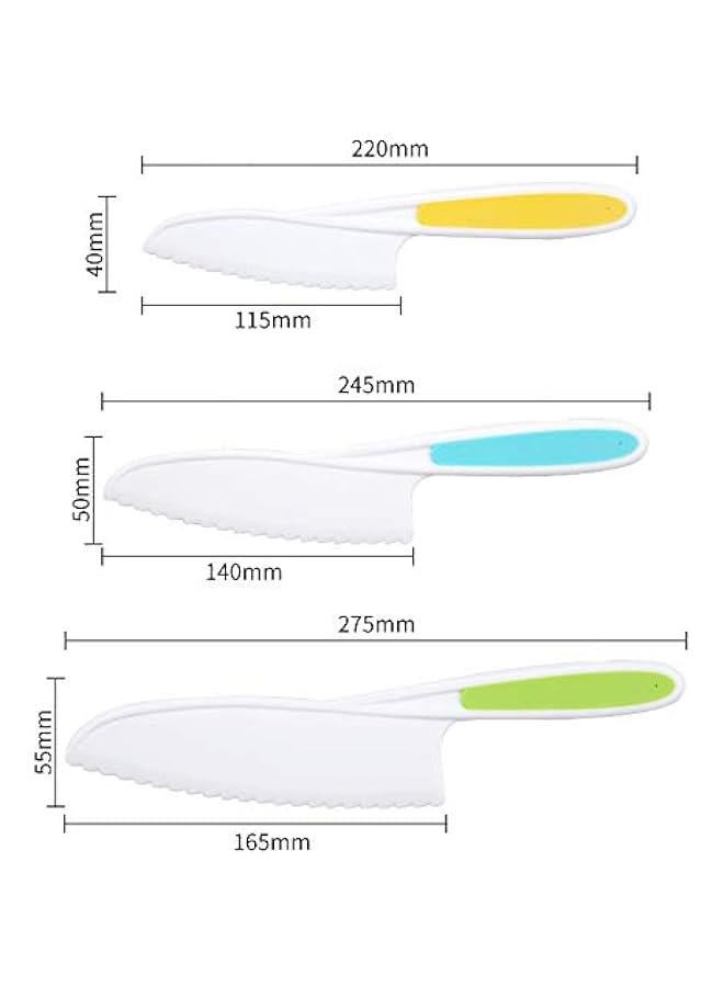 Plastic Fruit Knife 3Pcs Kids Nylon Safety Kitchen Cooking Baking Knives for Cake Bread Lettuce Salad and Vegetable(Mixed Color)