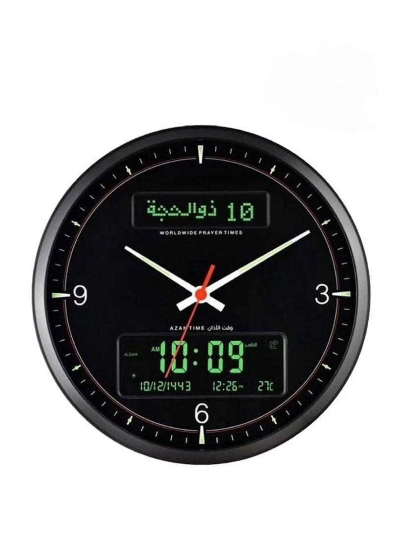 Muslim Wall Prayer Clock with Azan Alarm  With Hijri Calendar HD Display  Multi-Azan Sound Options And 6 Time Worship Reminders.