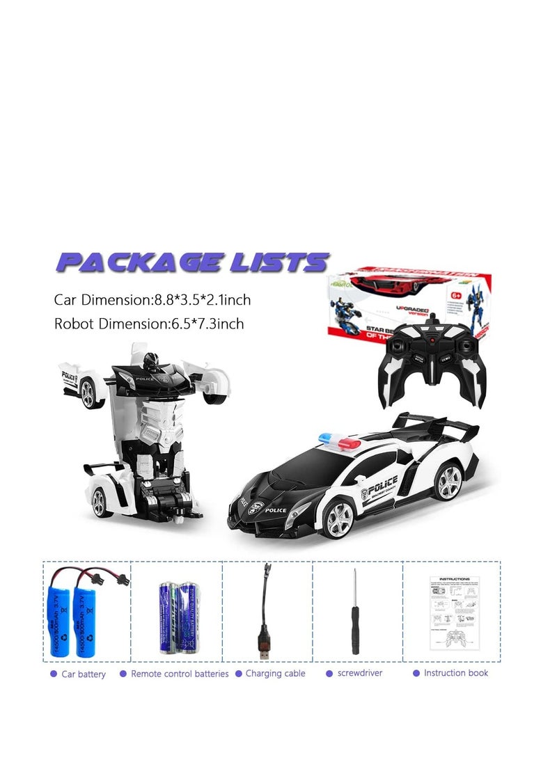 Police White Remote Control Car Transform Robot RC Car with 2.4g Version Remote And One Button Transforming 360 Degree Rotation