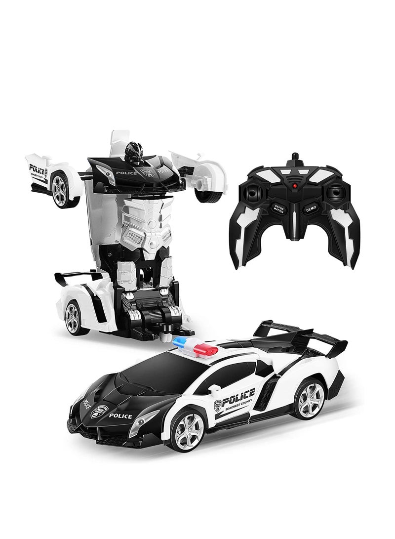 Police White Remote Control Car Transform Robot RC Car with 2.4g Version Remote And One Button Transforming 360 Degree Rotation