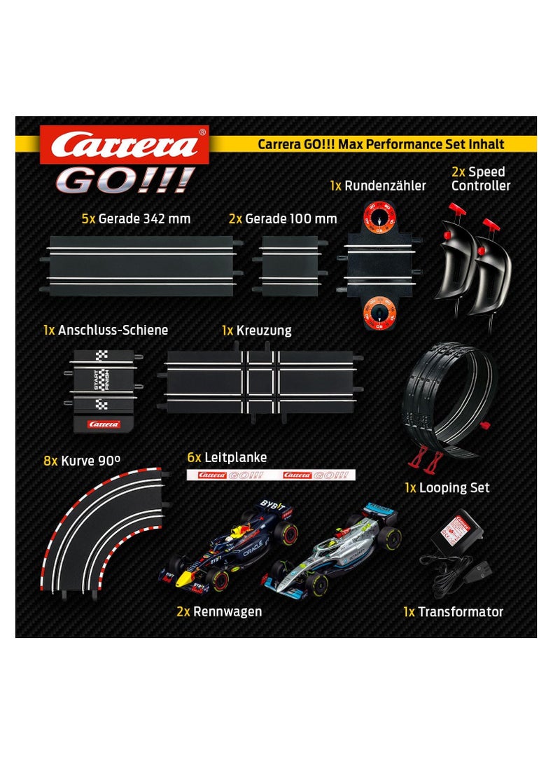 Max Performance Formula 1 Race Track Set | Mercedes vs Red Bull Racing | 6.3 m Race Track for 2 Players | Expandable with Looping & Crossing | Perfect Gift for Ages 6+