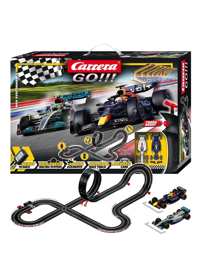 Max Performance Formula 1 Race Track Set | Mercedes vs Red Bull Racing | 6.3 m Race Track for 2 Players | Expandable with Looping & Crossing | Perfect Gift for Ages 6+