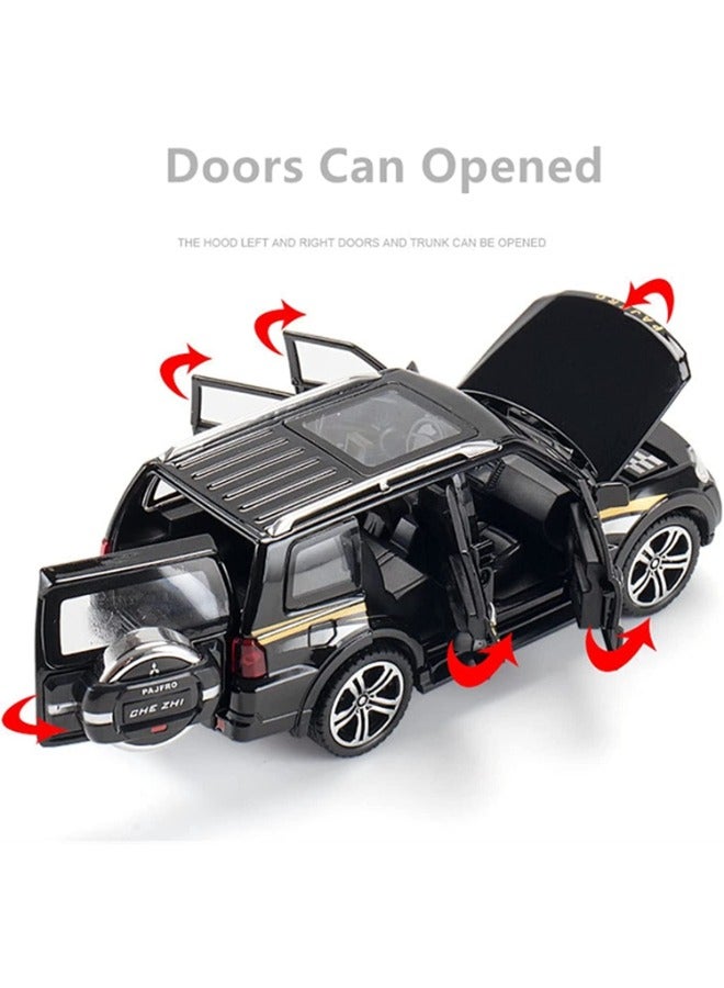 Diecast 1:32 Mitsubishi Pajero SUV Model Car – Alloy Off-Road Vehicle Toy with Sound & Light, Pull Back Action, Black Diecast Toy for Kids & Collectors