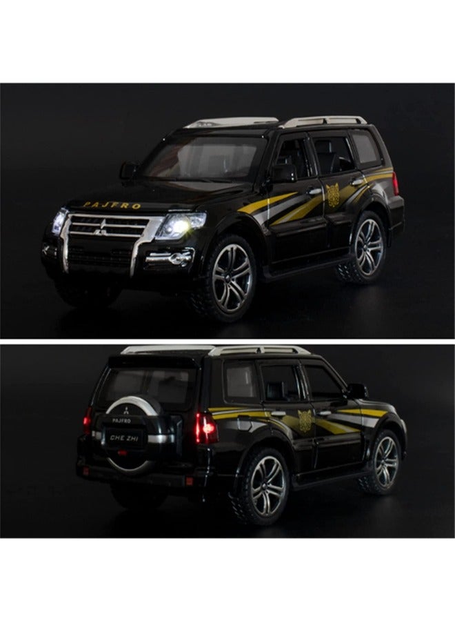 Diecast 1:32 Mitsubishi Pajero SUV Model Car – Alloy Off-Road Vehicle Toy with Sound & Light, Pull Back Action, Black Diecast Toy for Kids & Collectors