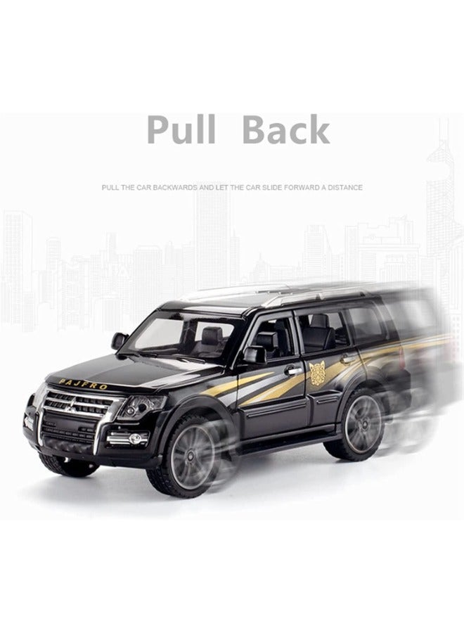 Diecast 1:32 Mitsubishi Pajero SUV Model Car – Alloy Off-Road Vehicle Toy with Sound & Light, Pull Back Action, Black Diecast Toy for Kids & Collectors