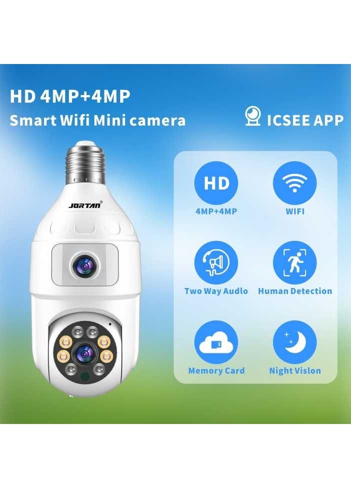 4+4 MP Gun Ball Linkage WIFI Dual lens Bulb Camera, IP44, Full Color Night Vision, 2 Way Audio, Motion Detection, Motion Tracking, PTZ Control, 24 hours Recording