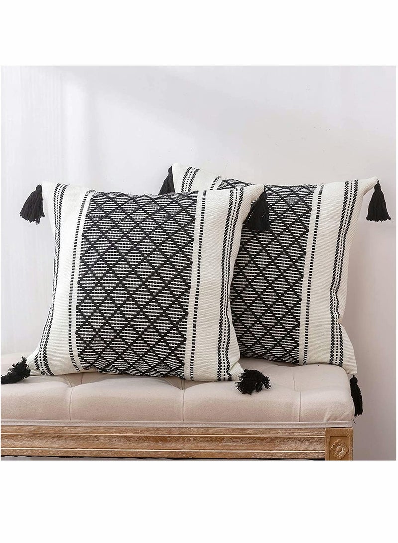 Set of 2 Boho Decorative Throw Pillow Covers 18x18 Inch Cotton Woven Diamond Pattern for Couch Sofa Bedroom Modern Accent Pillowcase Black