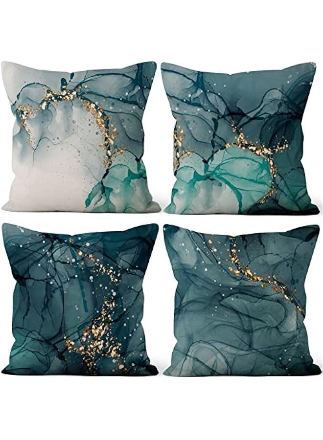 Marble Pillow Covers 18x18 Inch, Ink Blue Luxury Liquid Marble Modern Pillow Covers Teal and Gold Square Cotton Linen Couch Pillow Cases for Home Decor, Set of 4 (No Insert Included)