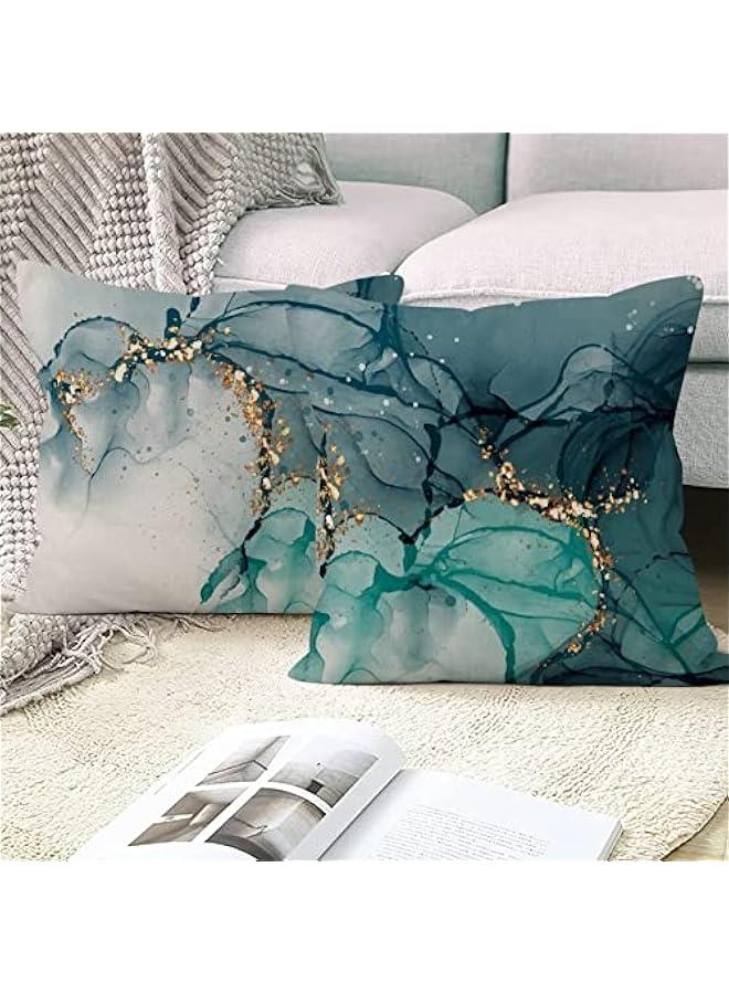 Marble Pillow Covers 18x18 Inch, Ink Blue Luxury Liquid Marble Modern Pillow Covers Teal and Gold Square Cotton Linen Couch Pillow Cases for Home Decor, Set of 4 (No Insert Included)