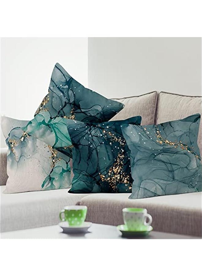 Marble Pillow Covers 18x18 Inch, Ink Blue Luxury Liquid Marble Modern Pillow Covers Teal and Gold Square Cotton Linen Couch Pillow Cases for Home Decor, Set of 4 (No Insert Included)