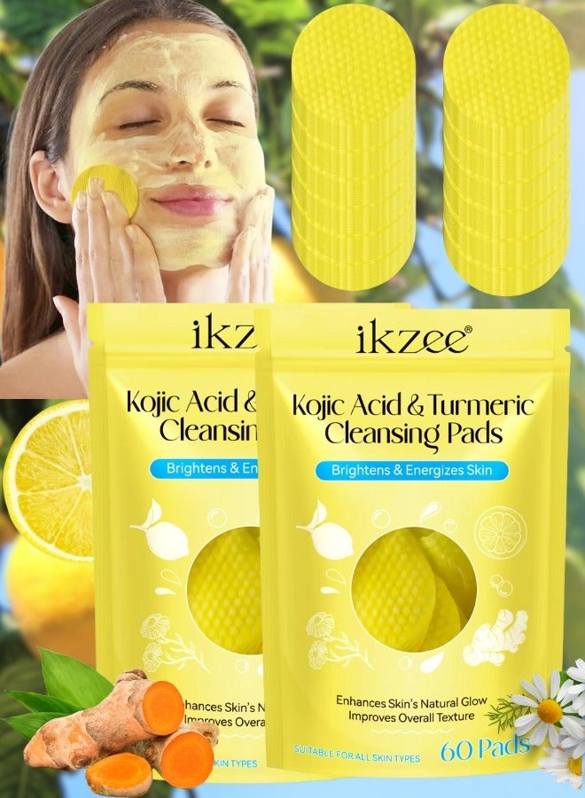 120 Pcs (Two Packs) Kojic Acid & Turmeric Cleansing Pads for Dark Spots Turmeric Kojic Acid Cleansing Pads Helps Balance Skin Oil & Water Fade Spot Remove Excess Keratin Clean Oil Refines Pores