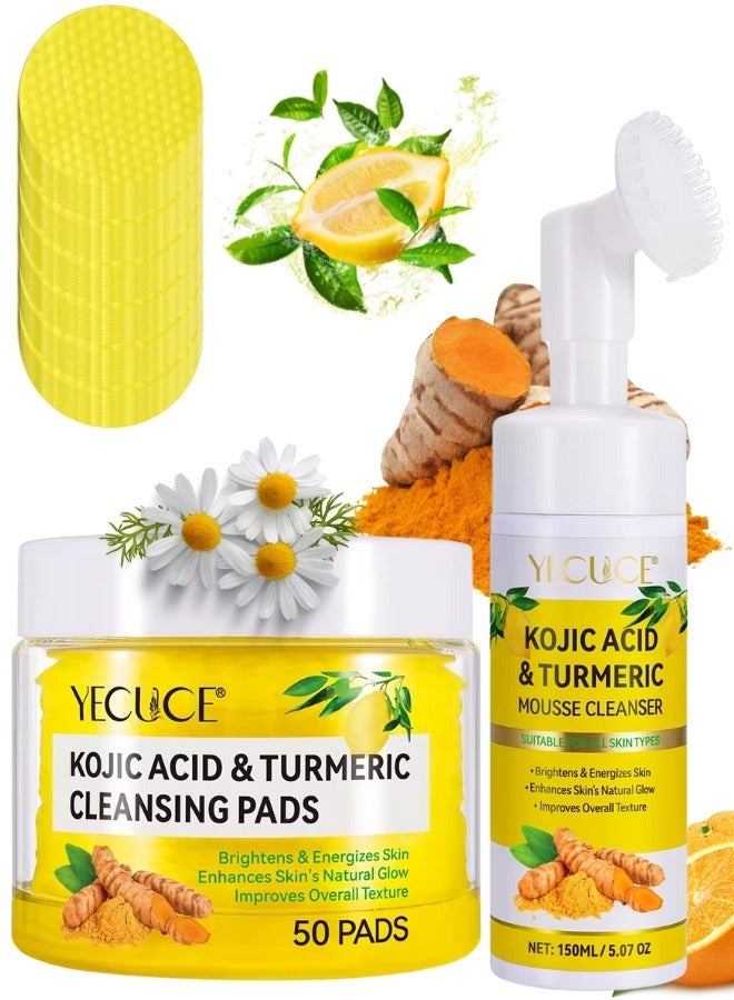 50Pcs Kojic Acid and Turmeric Cleansing Pads & Cleansing Foam 150ml Kojic Acid Pads and Mousse Reduce Dark Spots Balance Oil & Water Remove Excess Keratin