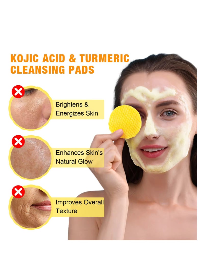 50Pcs Kojic Acid and Turmeric Cleansing Pads & Cleansing Foam 150ml Kojic Acid Pads and Mousse Reduce Dark Spots Balance Oil & Water Remove Excess Keratin