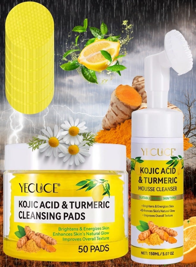 50Pcs Kojic Acid and Turmeric Cleansing Pads & Cleansing Foam 150ml Kojic Acid Pads and Mousse Reduce Dark Spots Balance Oil & Water Remove Excess Keratin