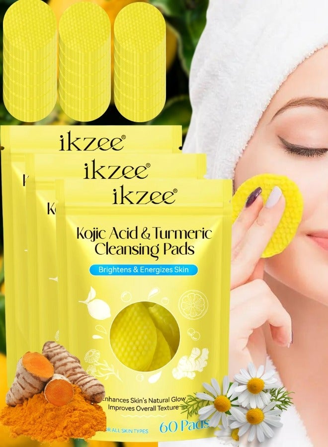 180 Pcs (Three Packs) Kojic Acid & Turmeric Cleansing Pads for Dark Spots Turmeric Kojic Acid Cleansing Pads Helps Balance Skin Oil & Water Fade Spot Remove Excess Keratin Clean Oil Refines Pores