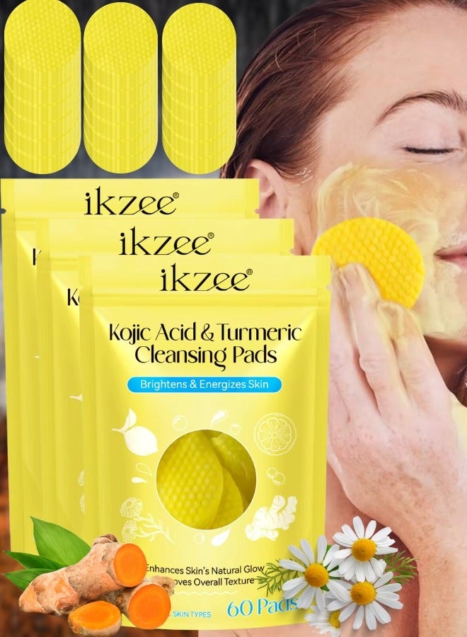 180 Pcs(Three Packs) Kojic Acid & Turmeric Cleansing Pads for Dark Spots Turmeric Kojic Acid Cleansing Pads Helps Balance Skin Oil & Water Fade Spot Remove Excess Keratin Clean Oil Refines Pores