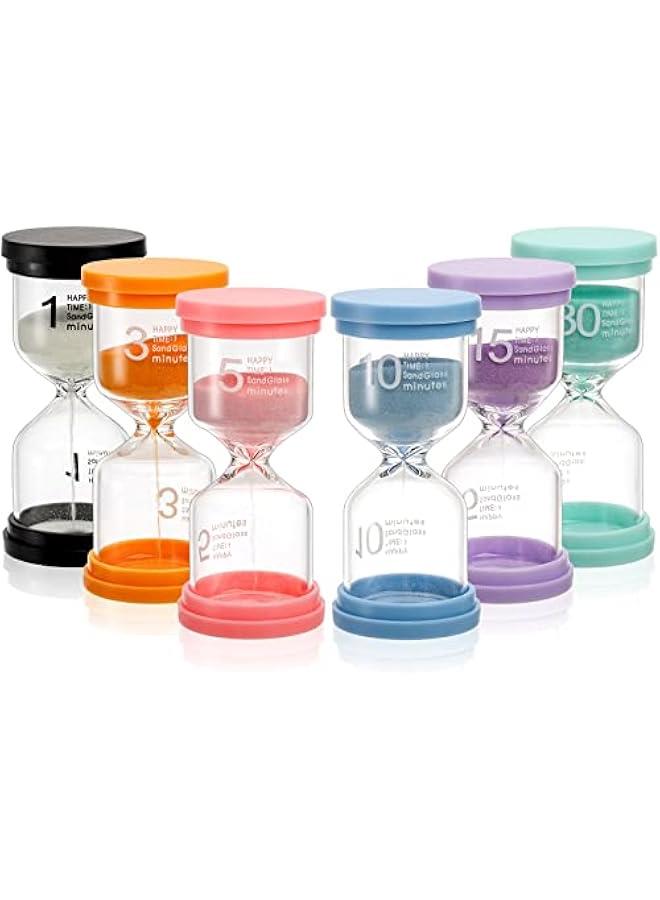 Sand Timer, Hourglass Sand Timer Colorful 1 min/3 mins/5 mins/10 mins/15 mins/30 mins Sandglass Timer for Games Classroom Home Office Cooking (Pack of 6)