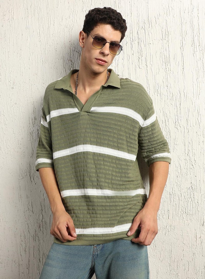 Oversized Multicolor Striped Polo Collar T-Shirt for Men