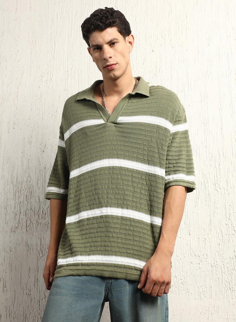 Oversized Multicolor Striped Polo Collar T-Shirt for Men