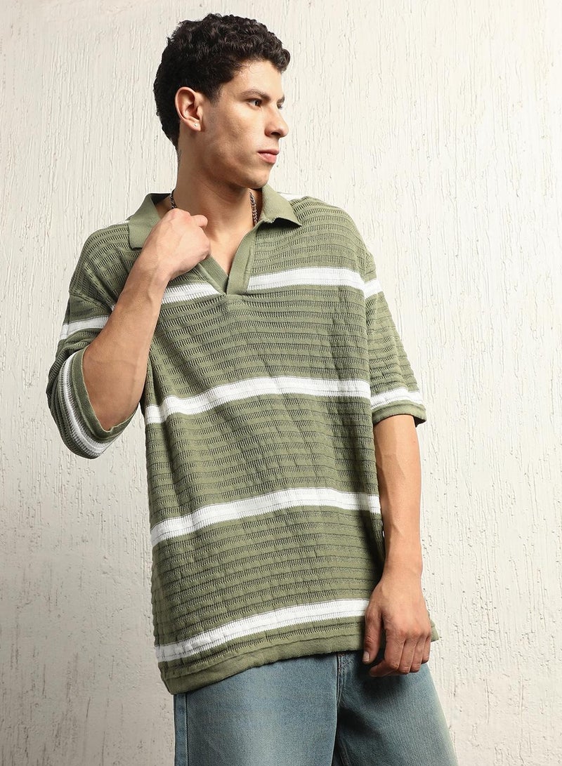 Oversized Multicolor Striped Polo Collar T-Shirt for Men