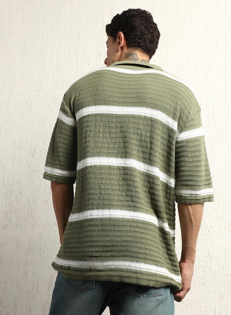 Oversized Multicolor Striped Polo Collar T-Shirt for Men