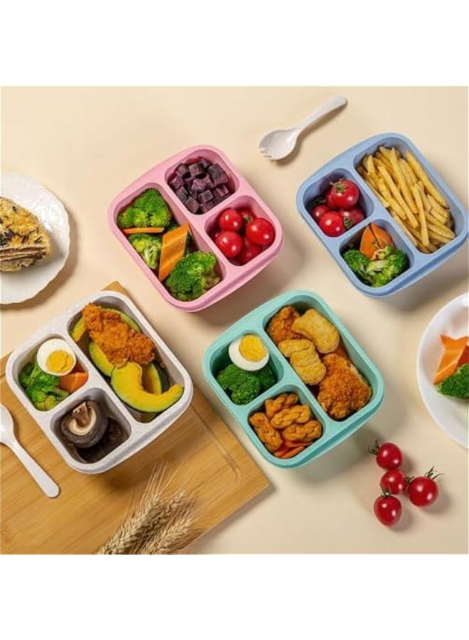 4 Pack Snack Containers, Bento Snack Box with 3 Compartment, Wheat Straw Reusable Lunch Containers for Adults Divided Food Storage Containers for Work Travel