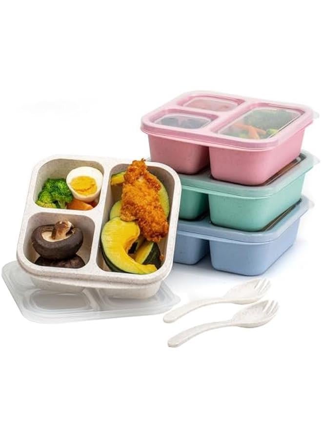 4 Pack Snack Containers, Bento Snack Box with 3 Compartment, Wheat Straw Reusable Lunch Containers for Adults Divided Food Storage Containers for Work Travel