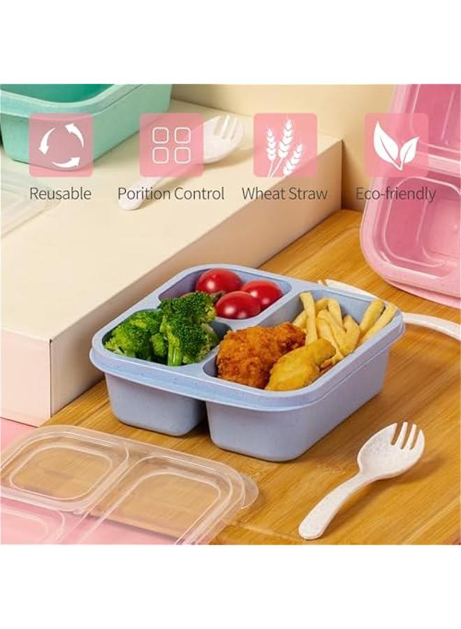 4 Pack Snack Containers, Bento Snack Box with 3 Compartment, Wheat Straw Reusable Lunch Containers for Adults Divided Food Storage Containers for Work Travel